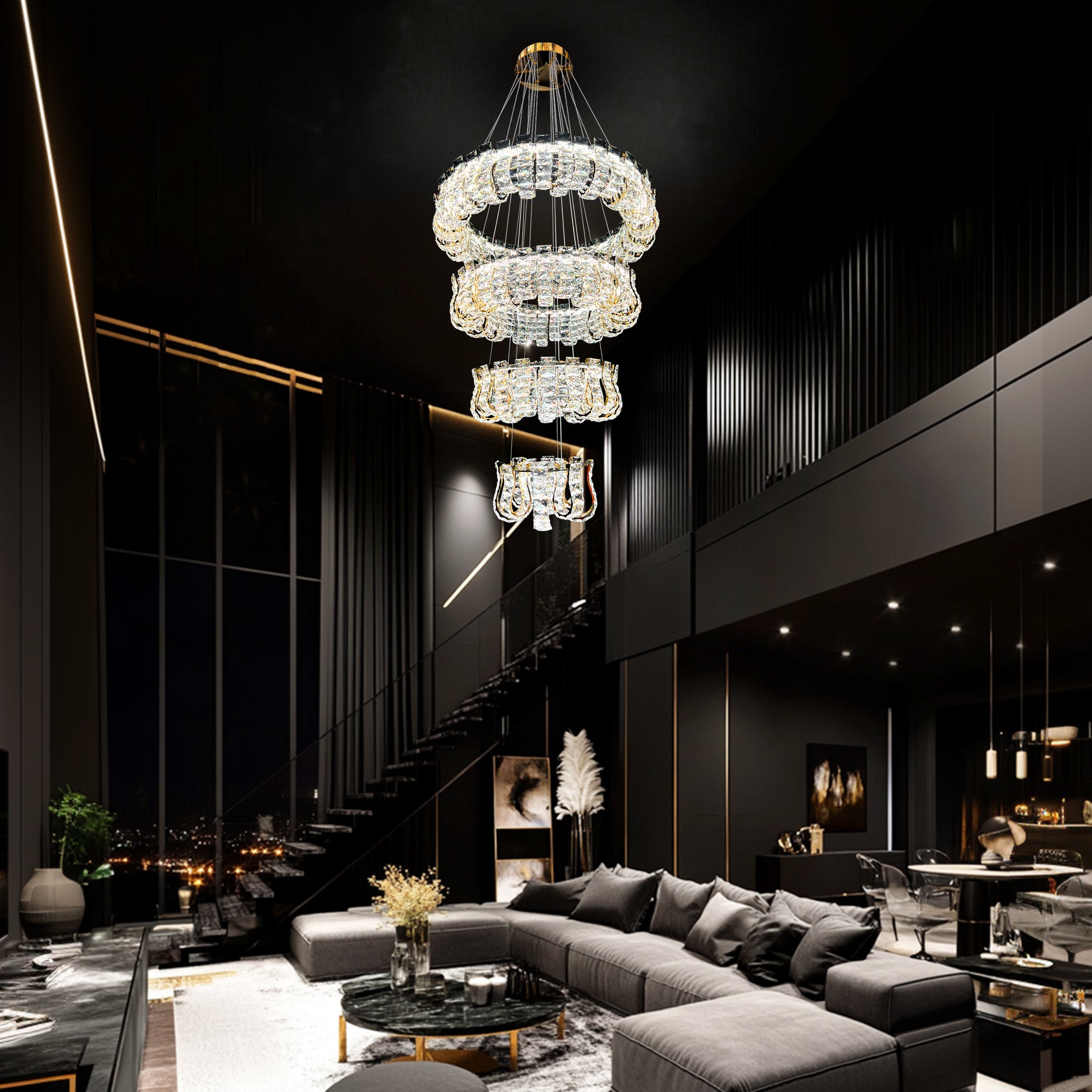 Luxury 4-Tier Dimmable gold Crystal Chandelier with Adjustable Color Temperature and Remote Control, showcased in a modern living room with tall ceilings