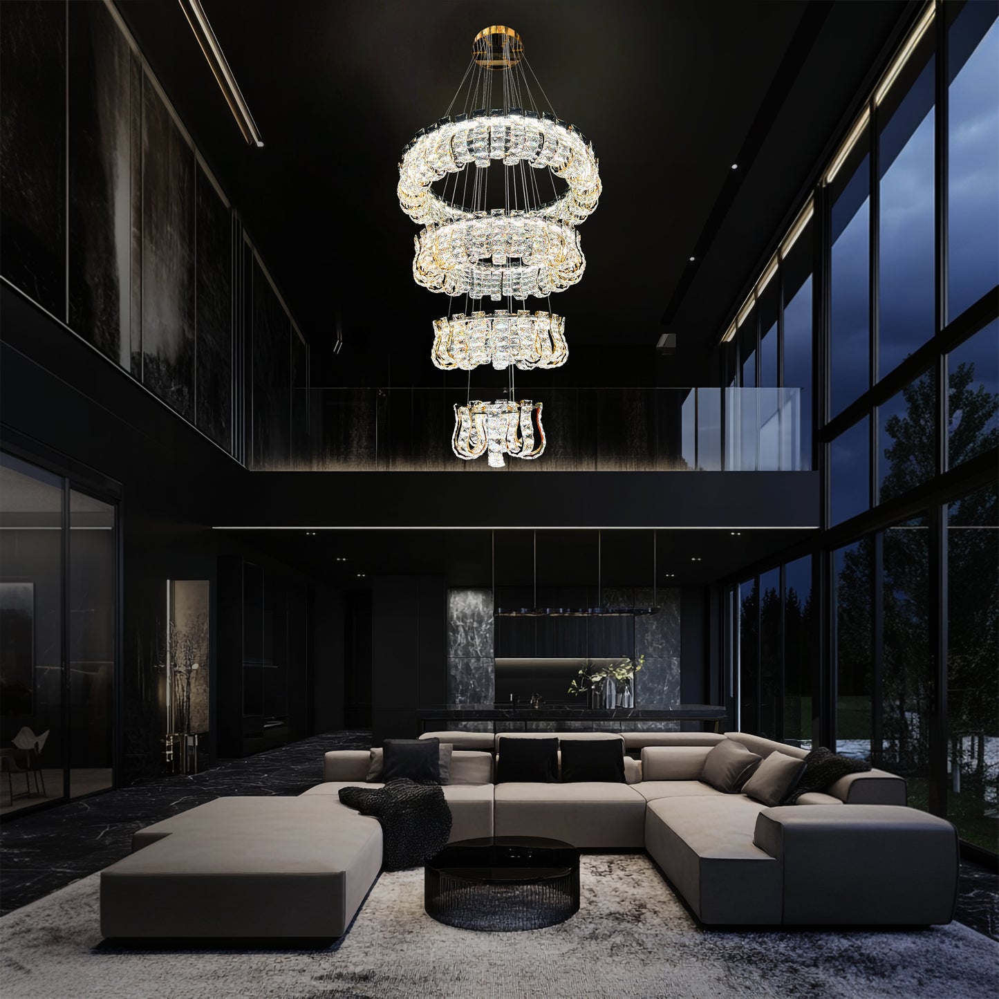 Modern living room with a large chandelier and sectional sofa.