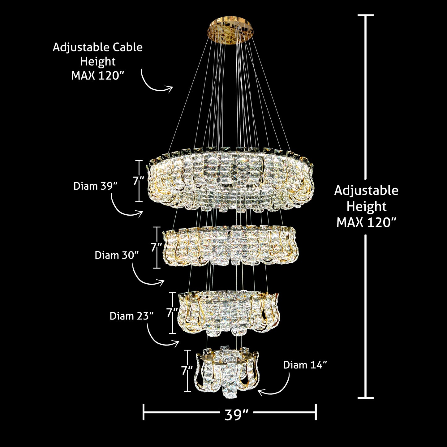 Technical diagram showing the dimensions of the Luxury 4-Tier Dimmable Crystal LED Chandelier with adjustable cable height up to 120 inches, on a black background