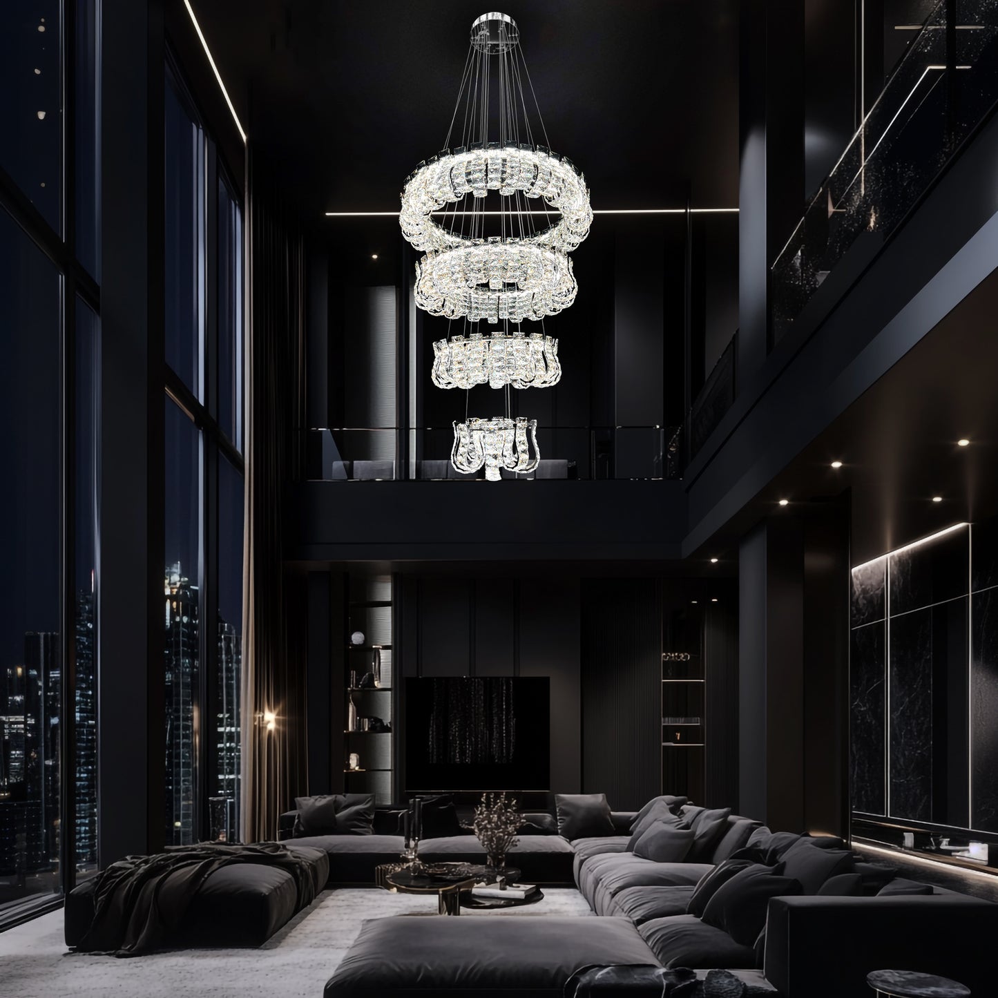 Luxury 4 Tier Dimmable Crystal Chandelier with Adjustable Color Temperature and Remote Control  Perfect for Staircases, Foyers, and Double-Height Living Rooms