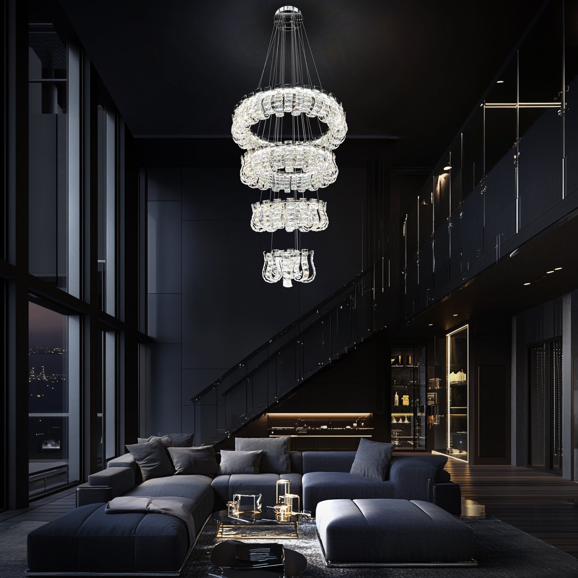luxury 4Tier Dimmable Crystal Chandelier with Adjustable Color Temperature and Remote Control, showcased in a modern living room with tall ceilings