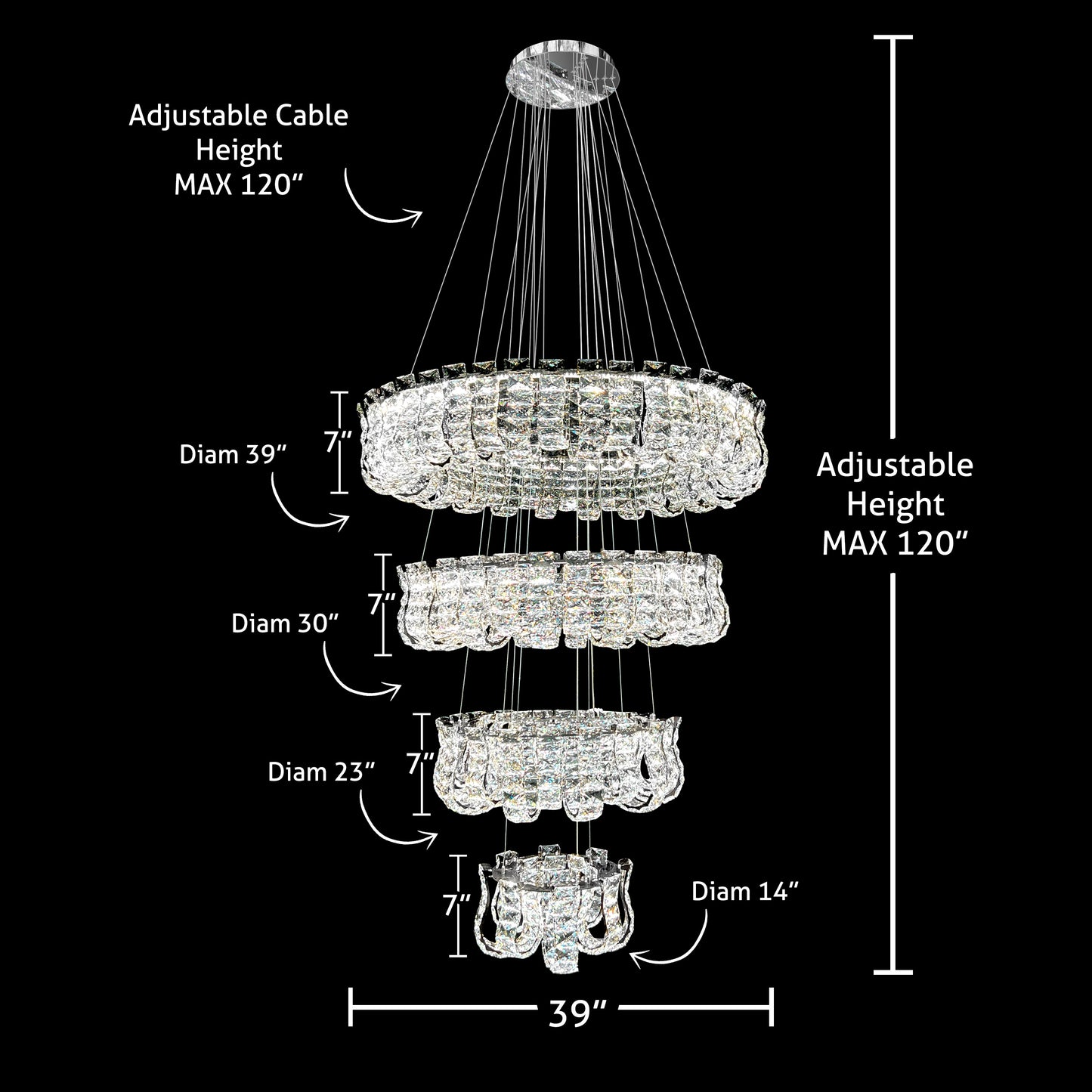 Technical diagram showing the dimensions of the Luxury 4Tier Dimmable Crystal LED Chandelier with adjustable cable height up to 120 inches, on a black background