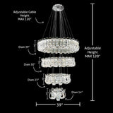 Technical diagram showing the dimensions of the Luxury 4Tier Dimmable Crystal LED Chandelier with adjustable cable height up to 120 inches, on a black background