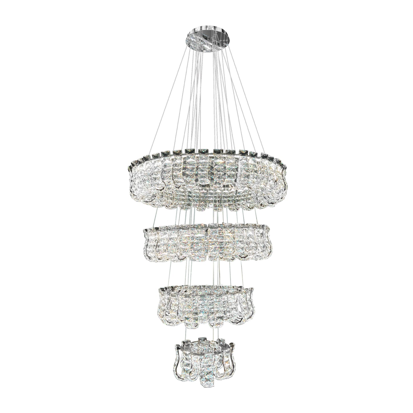 Luxury 4tier dimmable crystal LED chandelier displayed on a white background, featuring adjustable color temperature.