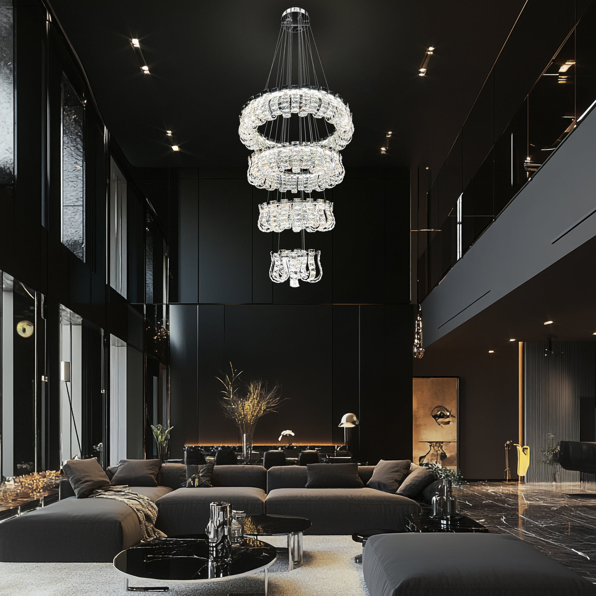 Luxury 4Tier Dimmable Crystal Chandelier with Adjustable Color Temperature and Remote Control Perfect for Staircases, Foyers, and Double Height Living Rooms