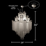 Dimension diagram of the luxury chrome chain chandelier showing 29 inch width and 36 inch height with adjustable hanging chain.
