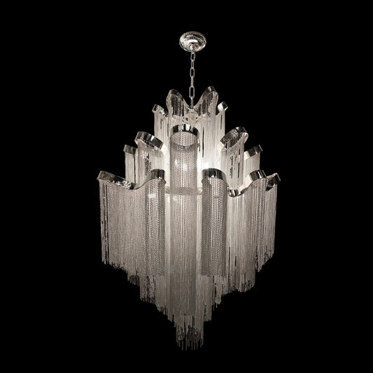 Full view of luxury chrome chain chandelier featuring cascading metal chains in a multi tier waterfall design on a black background.
