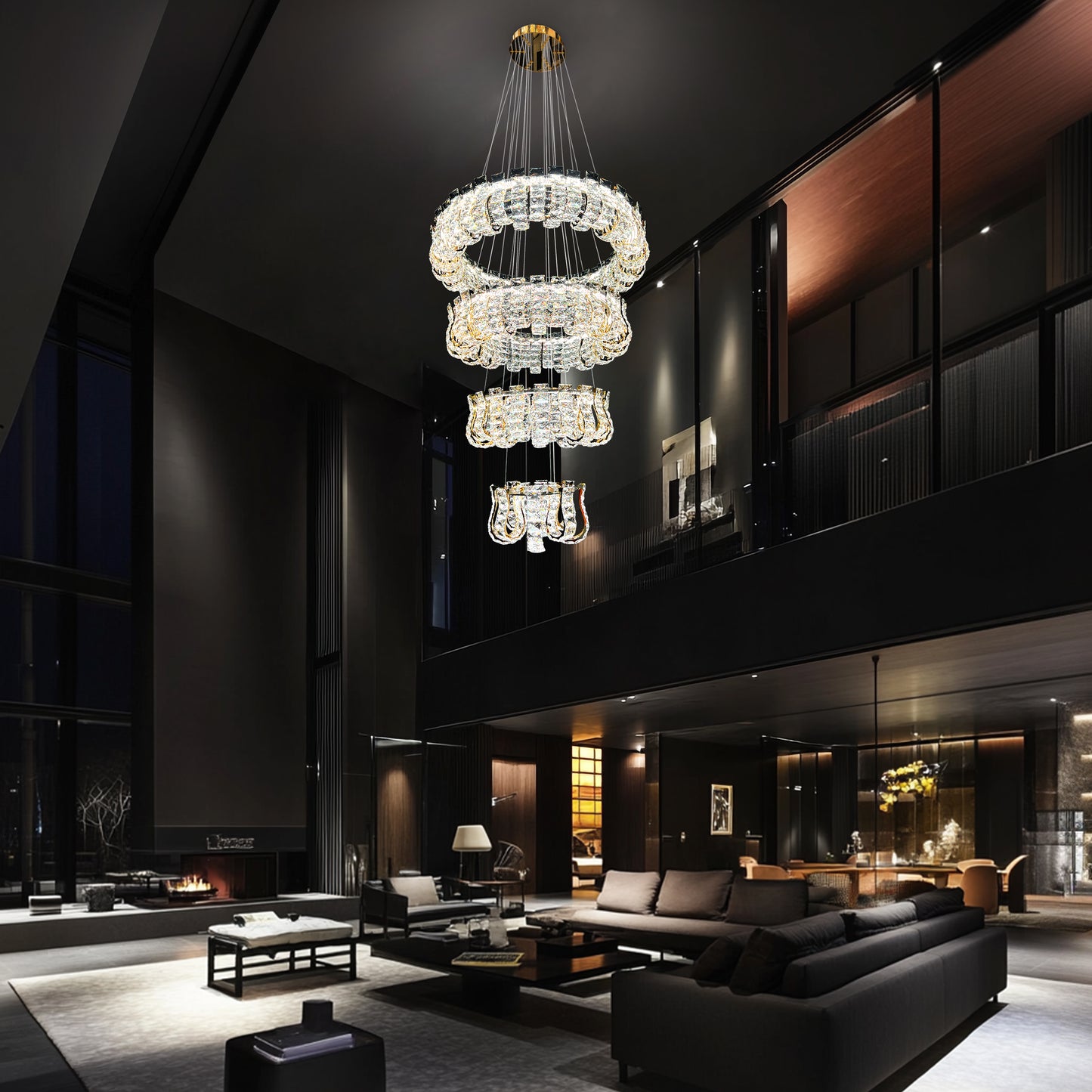 Luxury 4-Tier Dimmable Crystal Chandelier with Adjustable Color Temperature and Remote Control Perfect for Staircases, Foyers, and Double Height Living Rooms