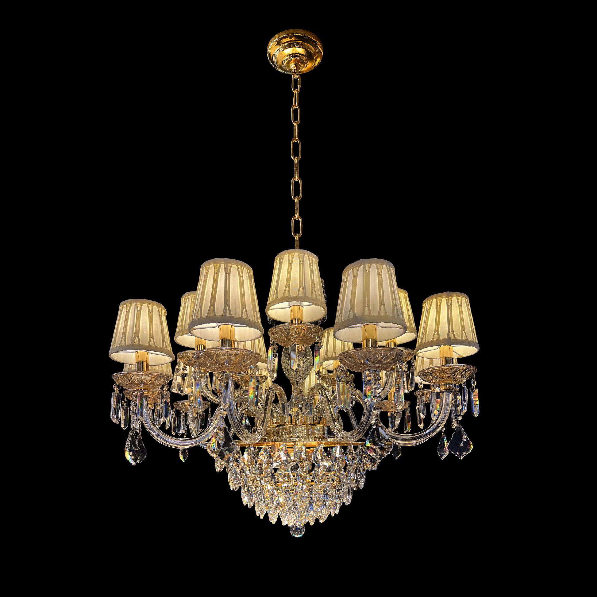 Elegant gold crystal chandelier with fabric shades, dimmable E12 lights, and cascading crystals on black background