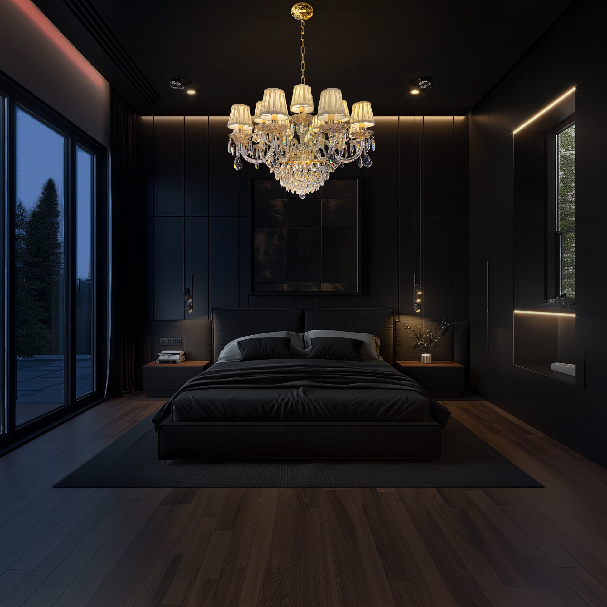 Elegant gold crystal chandelier with fabric shades lighting a modern bedroom with dark walls, wood flooring, and warm ambient glow.