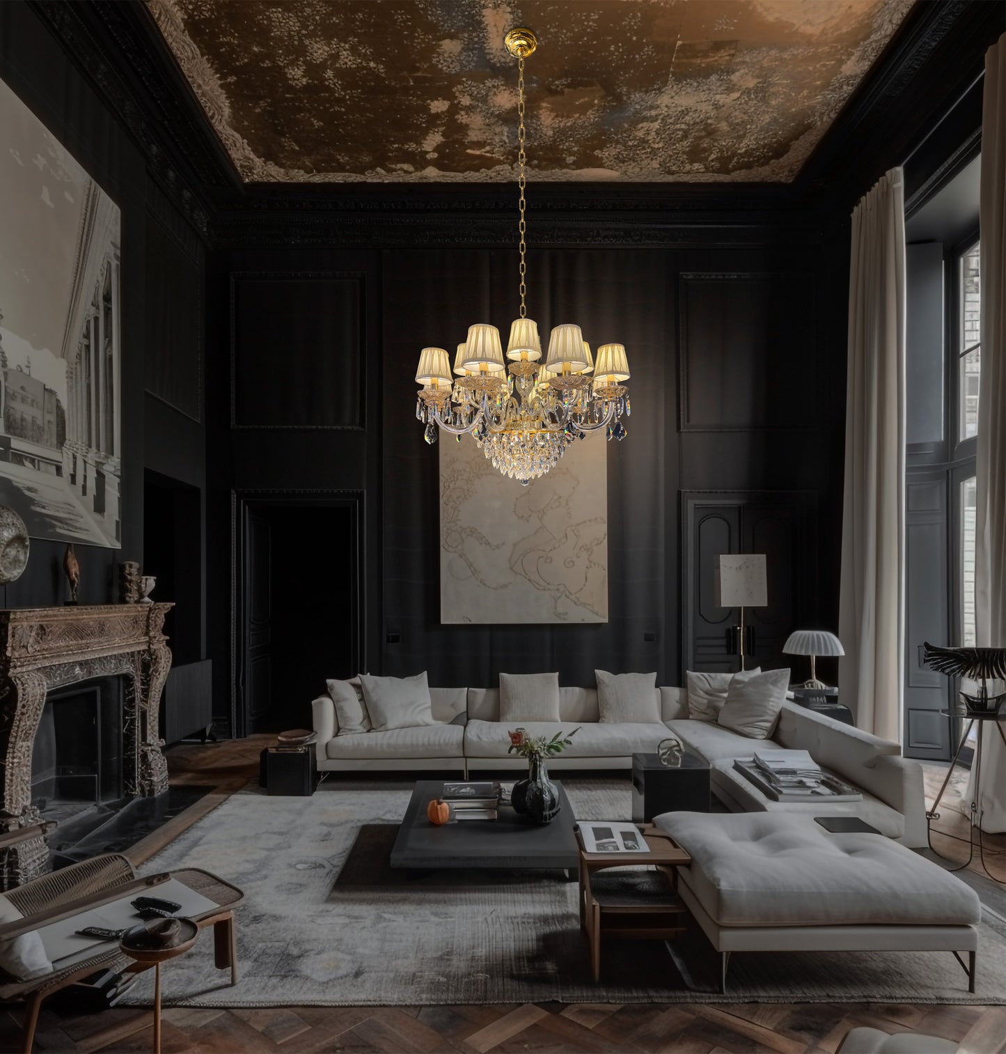 Elegant gold crystal chandelier with pleated fabric shades illuminating a classic living room with dark walls and refined décor.