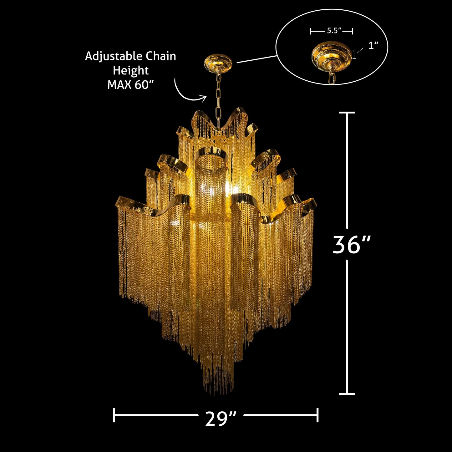 Dimension diagram of the luxury gold chain chandelier showing 29inch width and 36inch height with adjustable hanging chain.
