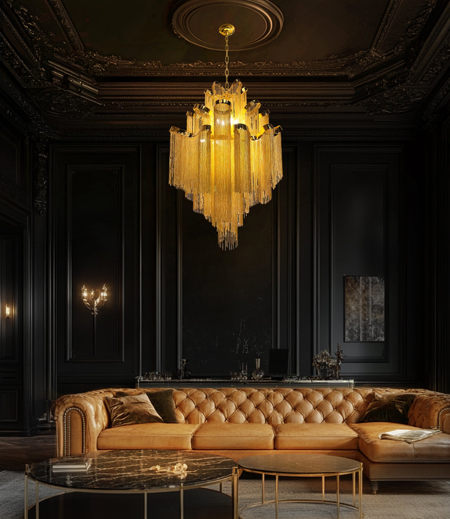 Elegant 29 inch gold chain chandelier illuminating a classic living room.

