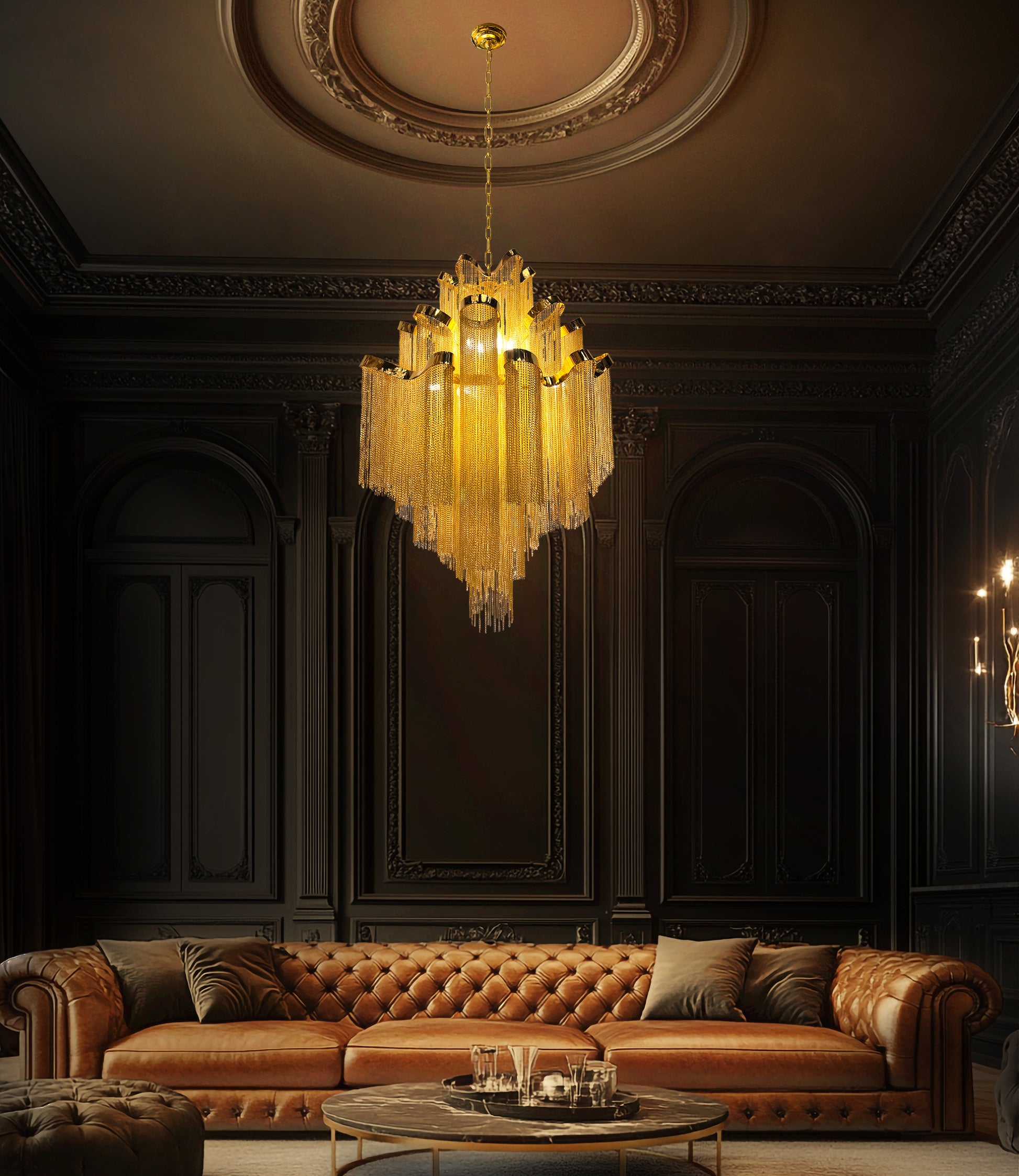 Elegant 29 inch gold chain dimmable modern chandeliers.
