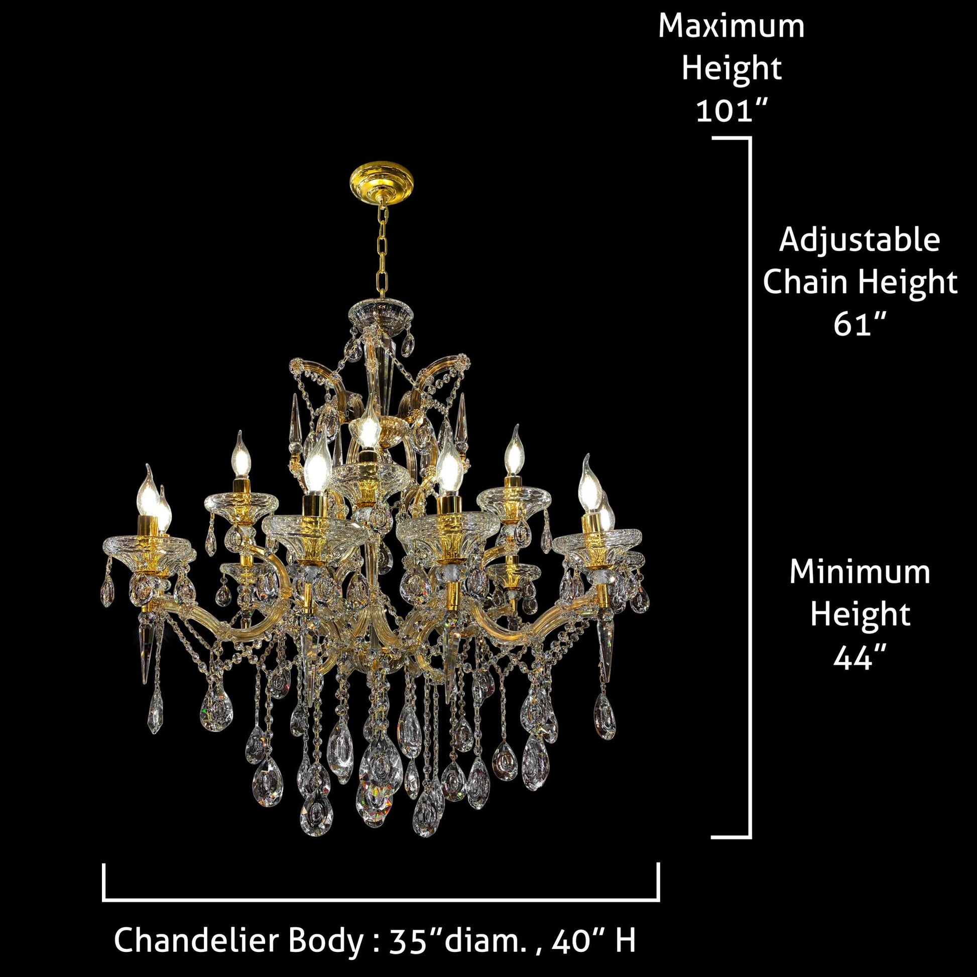 Dimension diagram showing height and width of the 35-inch Maria Theresa chandelier.