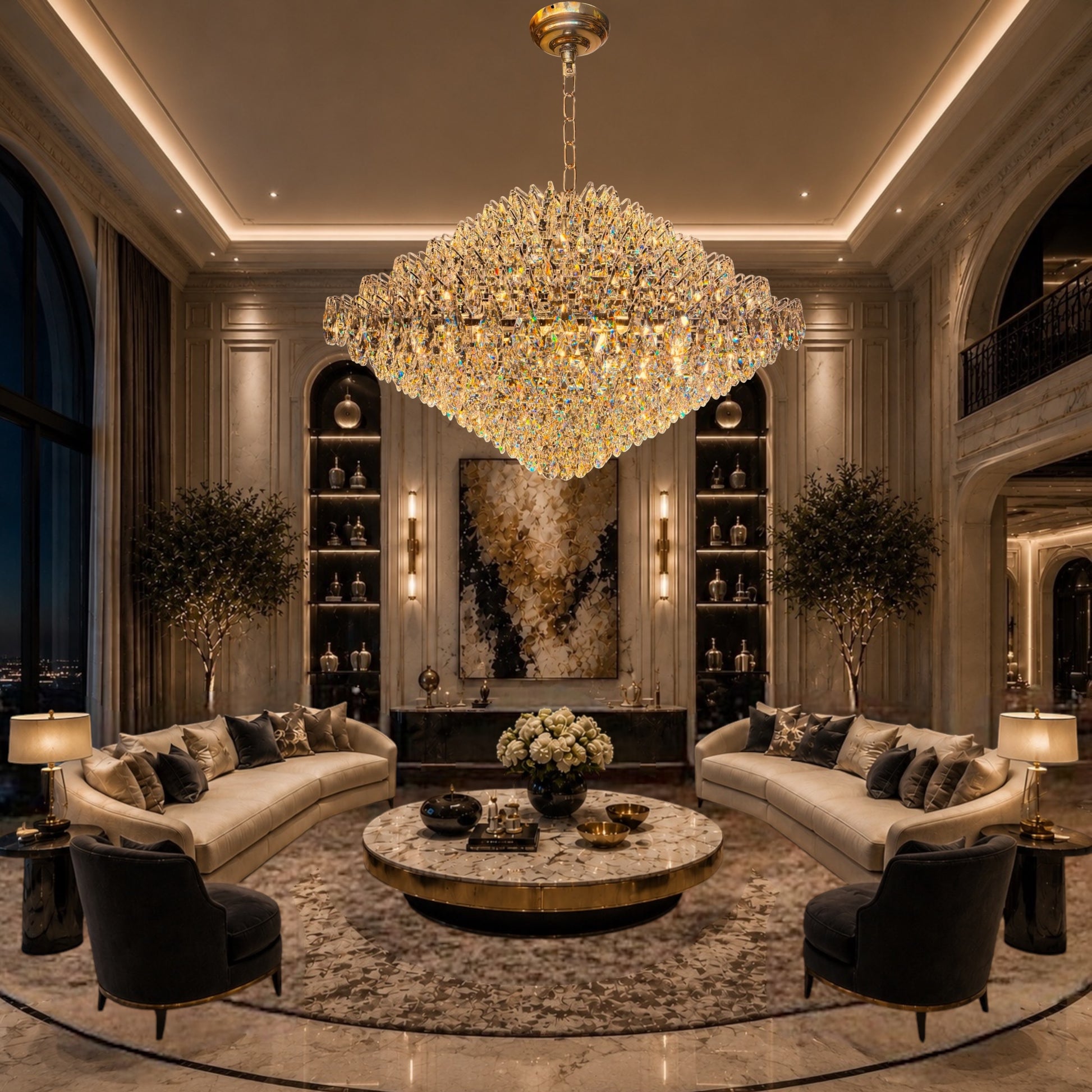 Grand luxury living room featuring a large diamond-shaped crystal chandelier hanging above curved white sofas, a round marble coffee table, and elegant dark accent chairs.
