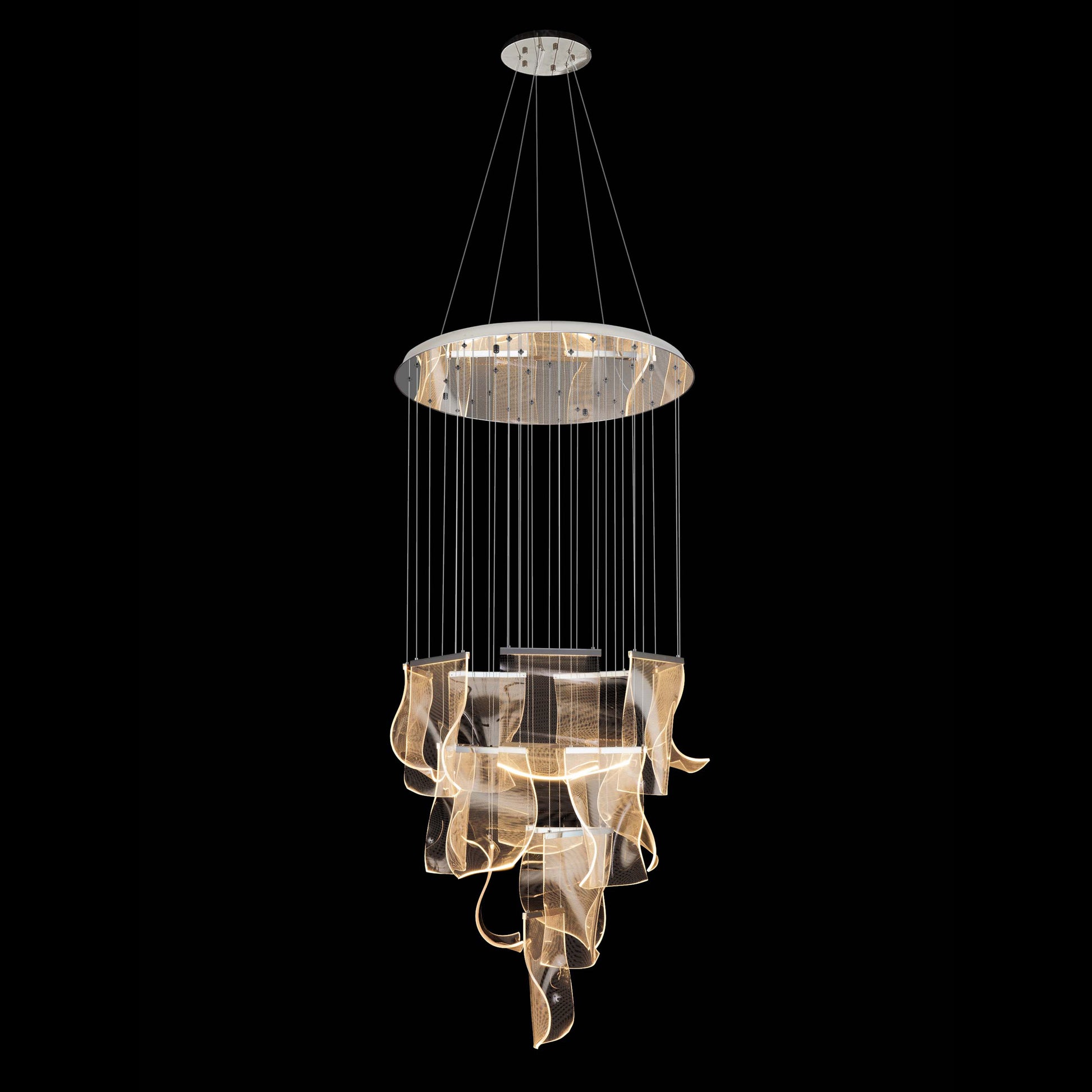 Luxury modern chrome LED chandelier with cascading wave panels and remote control, elegant lighting for foyers and staircases.