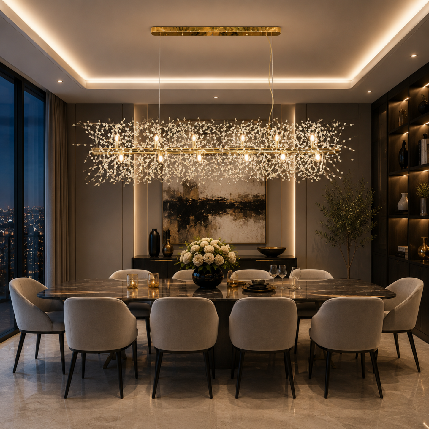 Modern dining room with a large chandelier, table, and chairs.