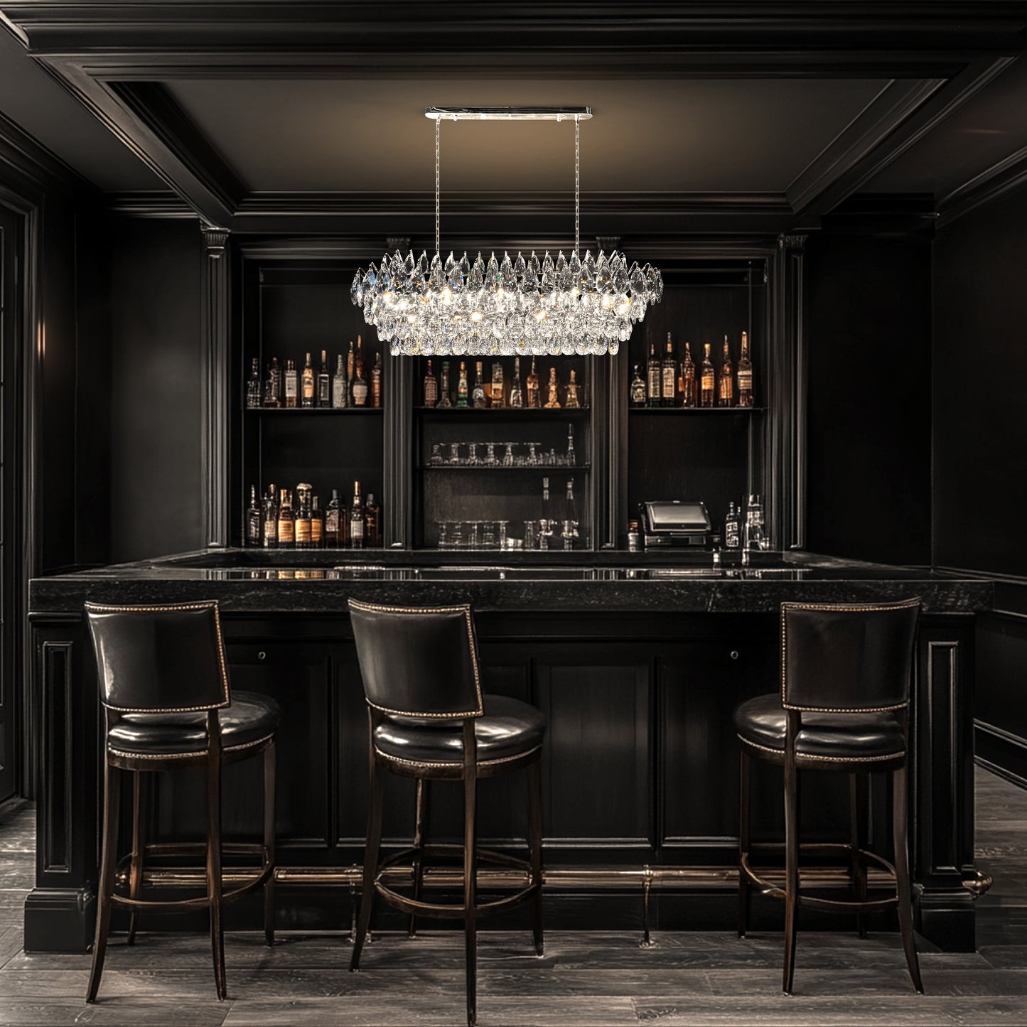 Luxury rectangular crystal chandelier illuminating a high end bar interior with sophisticated lighting.