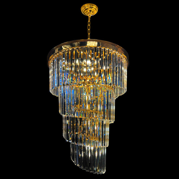 Modern Tiered Gold Crystal Chandelier Dimmable 15 Lights – Rectangular Prism Glass – Luxury Hanging Light for Staircase