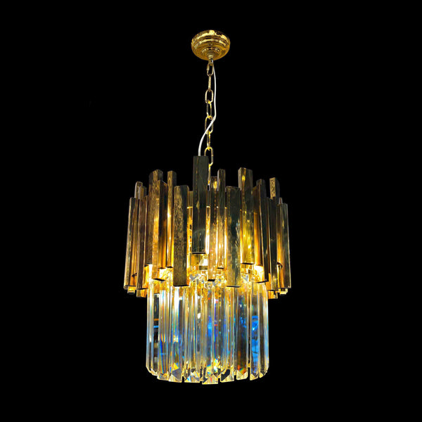 Modern 2-Tier Crystal Chandelier – Rectangular Glass Pendant Light in Gold Finish
