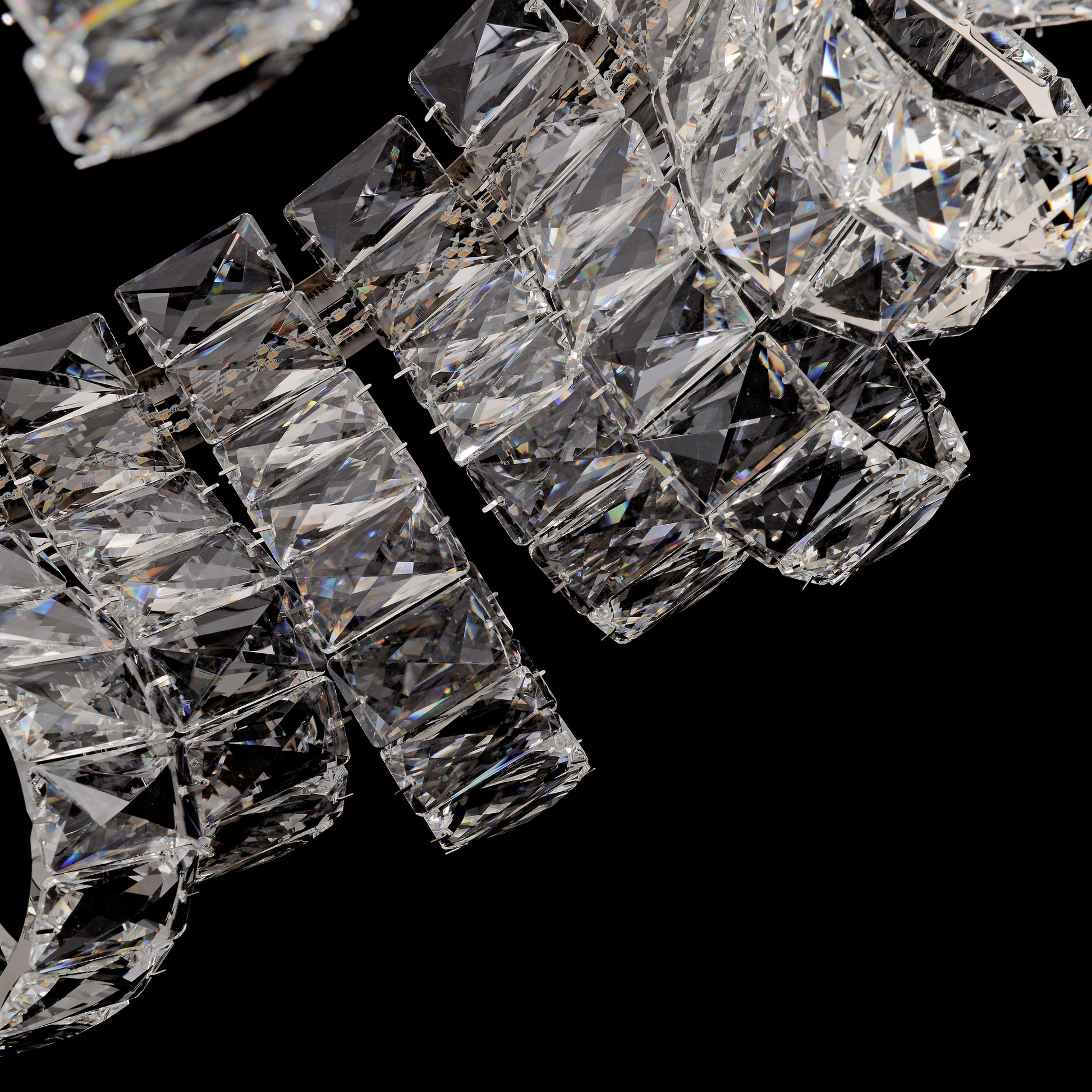 Bottom view of the circular chrome crystal chandelier dimmable adjustable color 