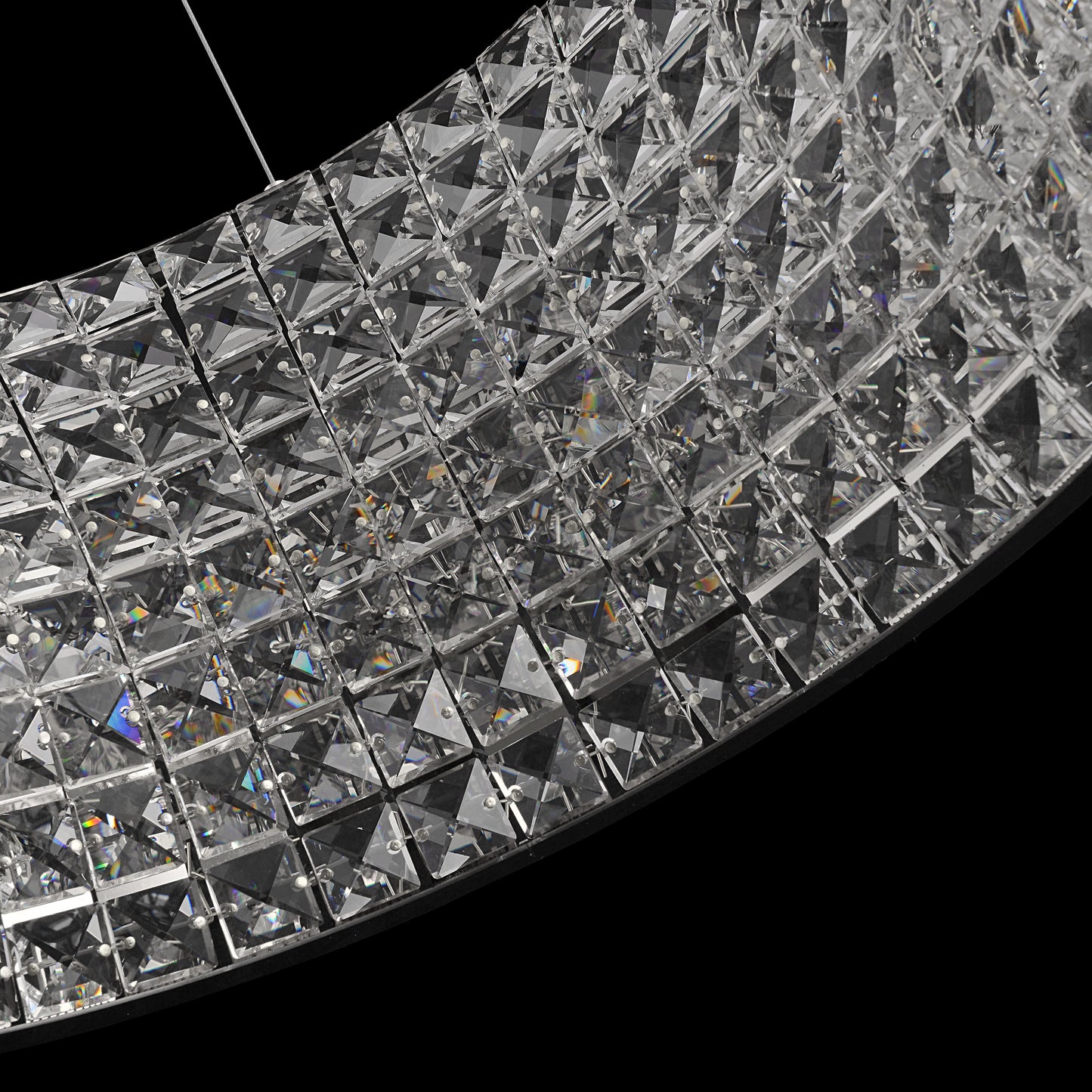 Bottom perspective of crystal chandelier revealing multi-faceted crystal brilliance and depth.