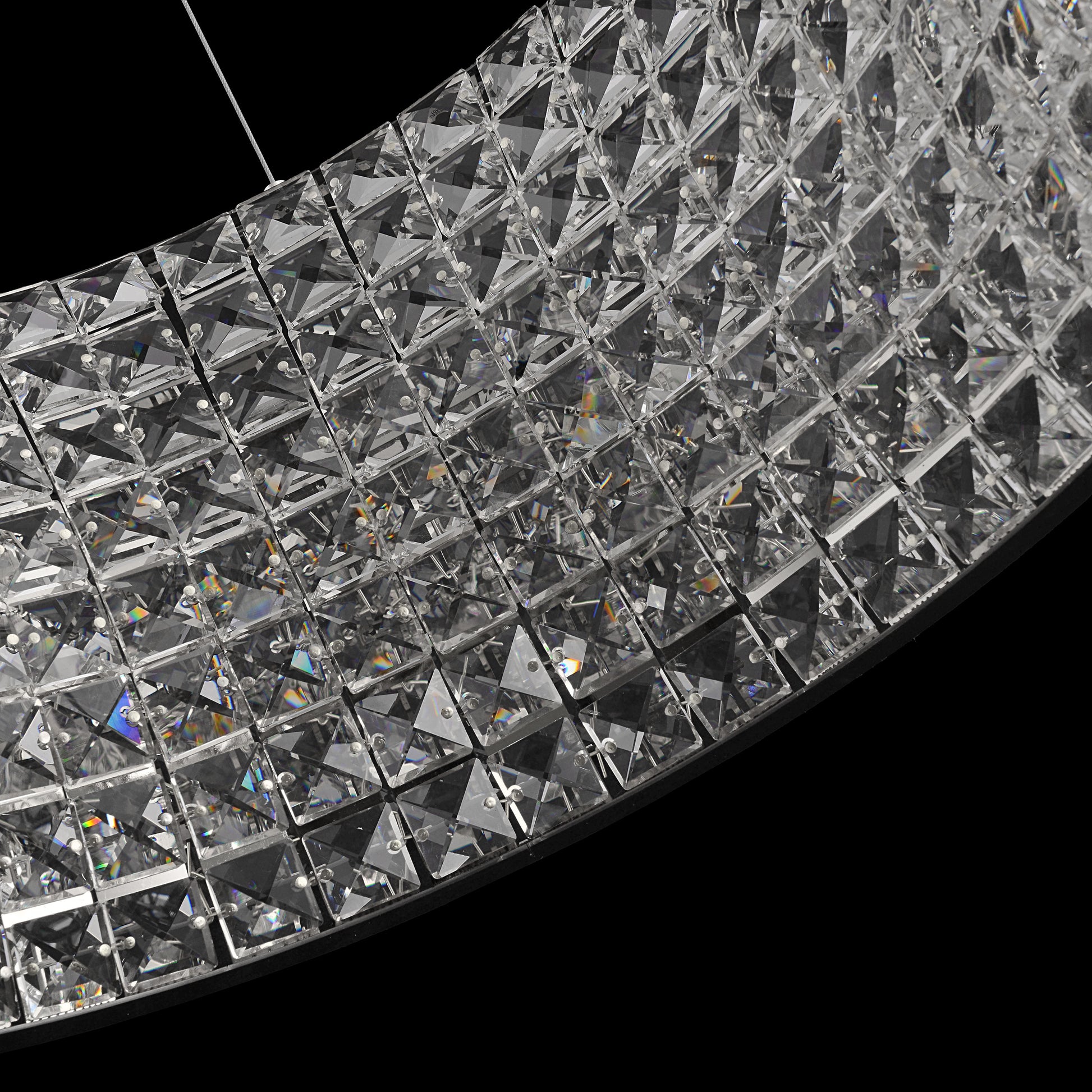 Bottom perspective of crystal chandelier revealing multi-faceted crystal brilliance and depth.