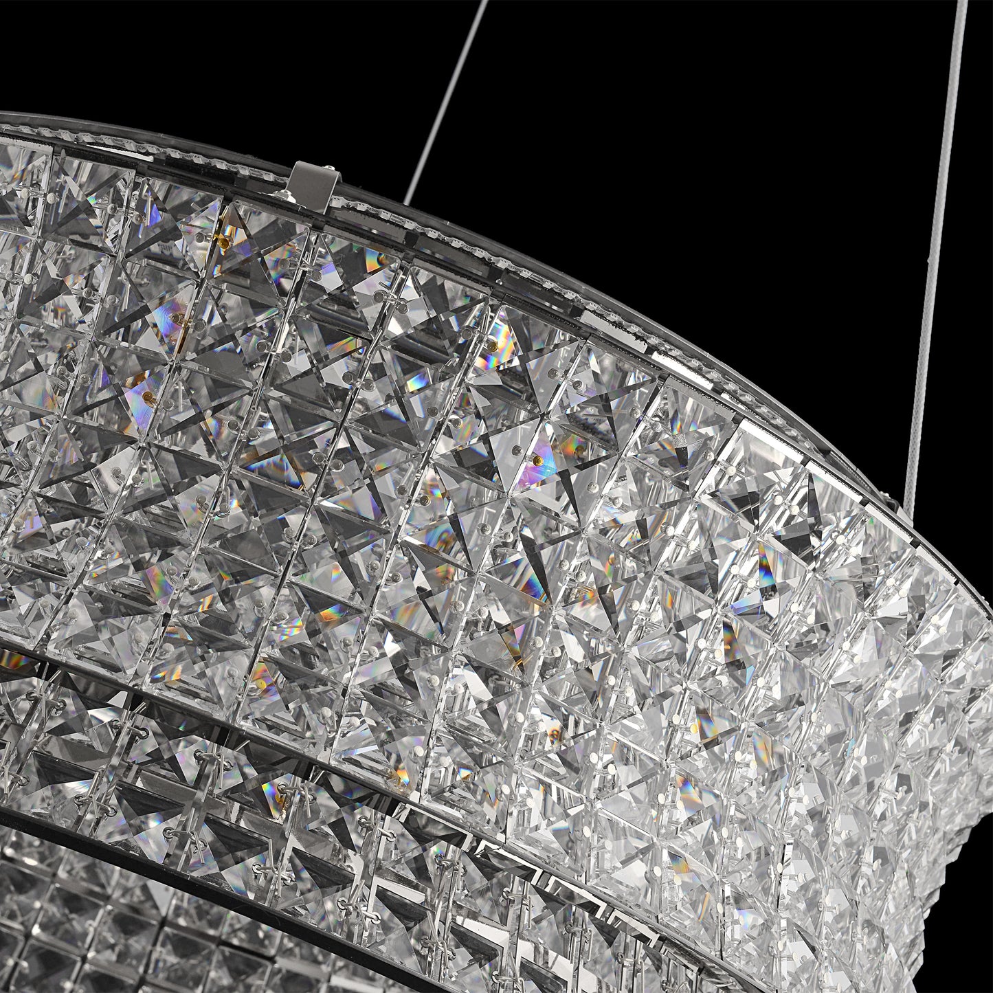 Bottom  dimmable perspective of crystal chandelier revealing multi-faceted crystal brilliance and depth.
