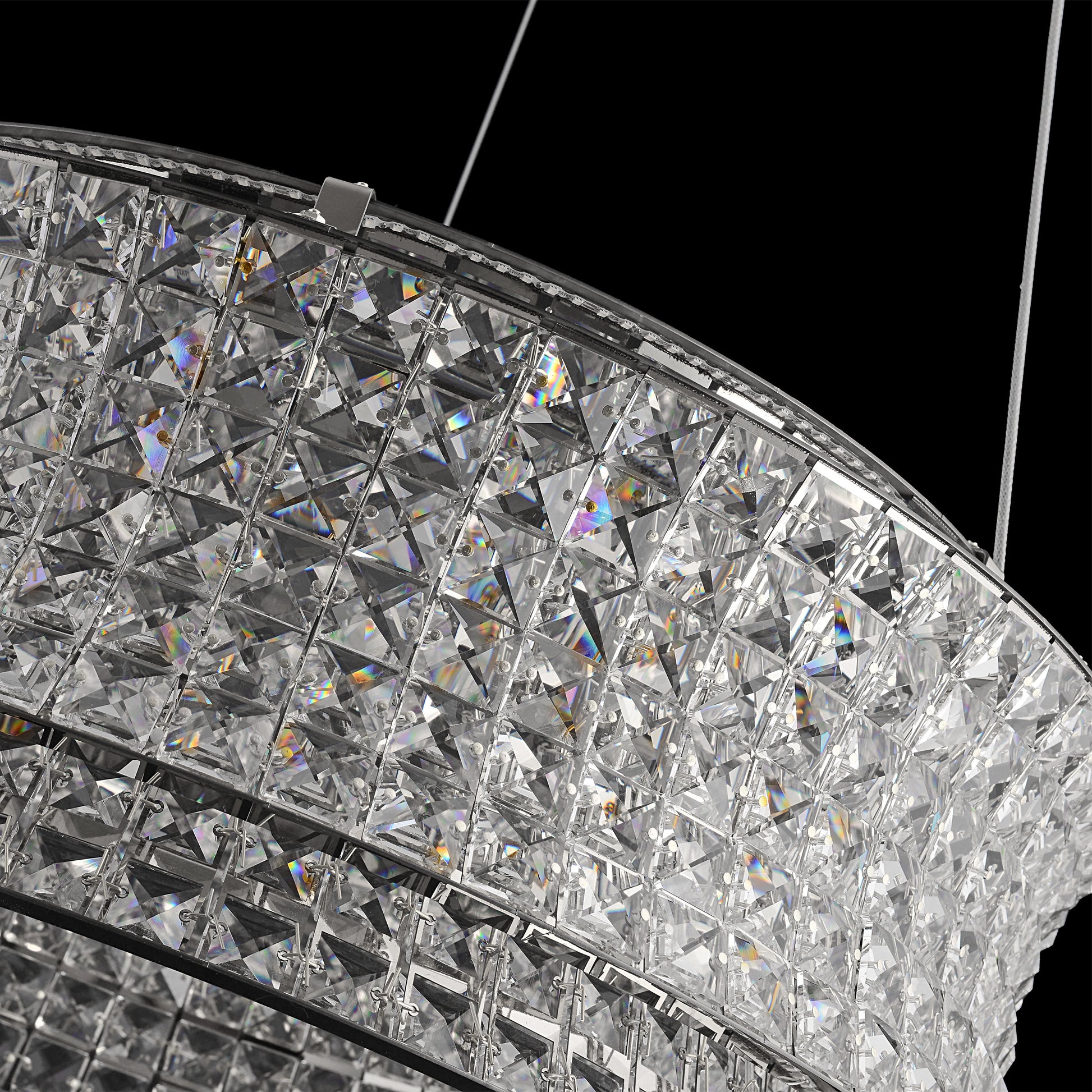 Bottom  dimmable perspective of crystal chandelier revealing multi-faceted crystal brilliance and depth.