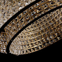 Bottom perspective of crystal chandelier revealing multi-faceted crystal brilliance and depth.
