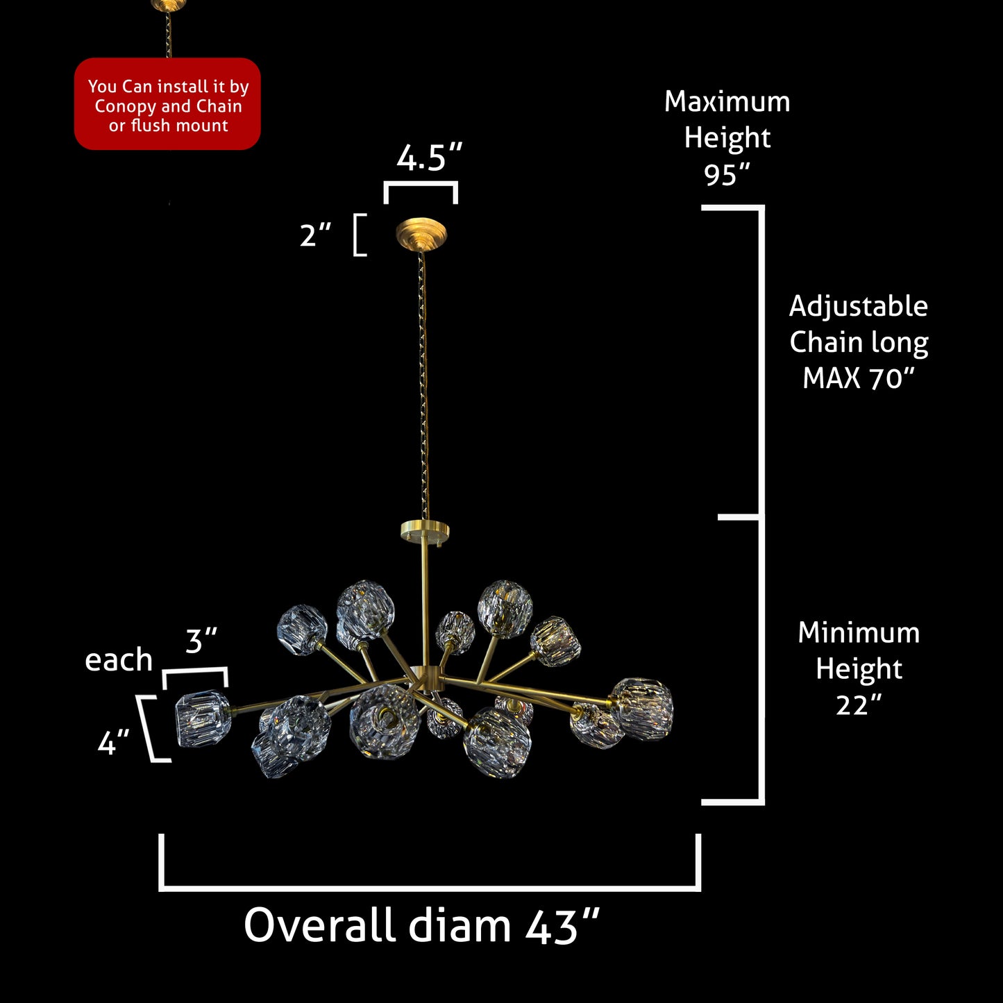 chandelier dimension diagram showing height and diameter