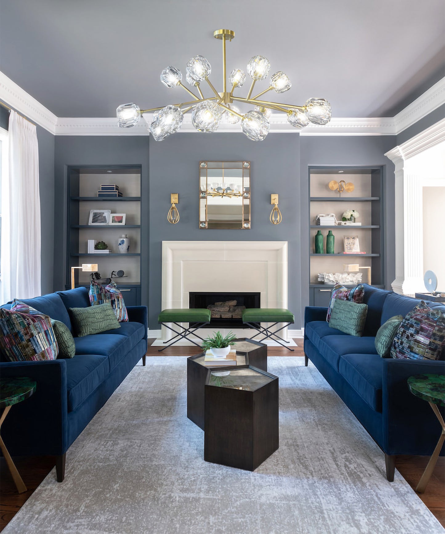 brass crystal chandelier in modern living room interior
