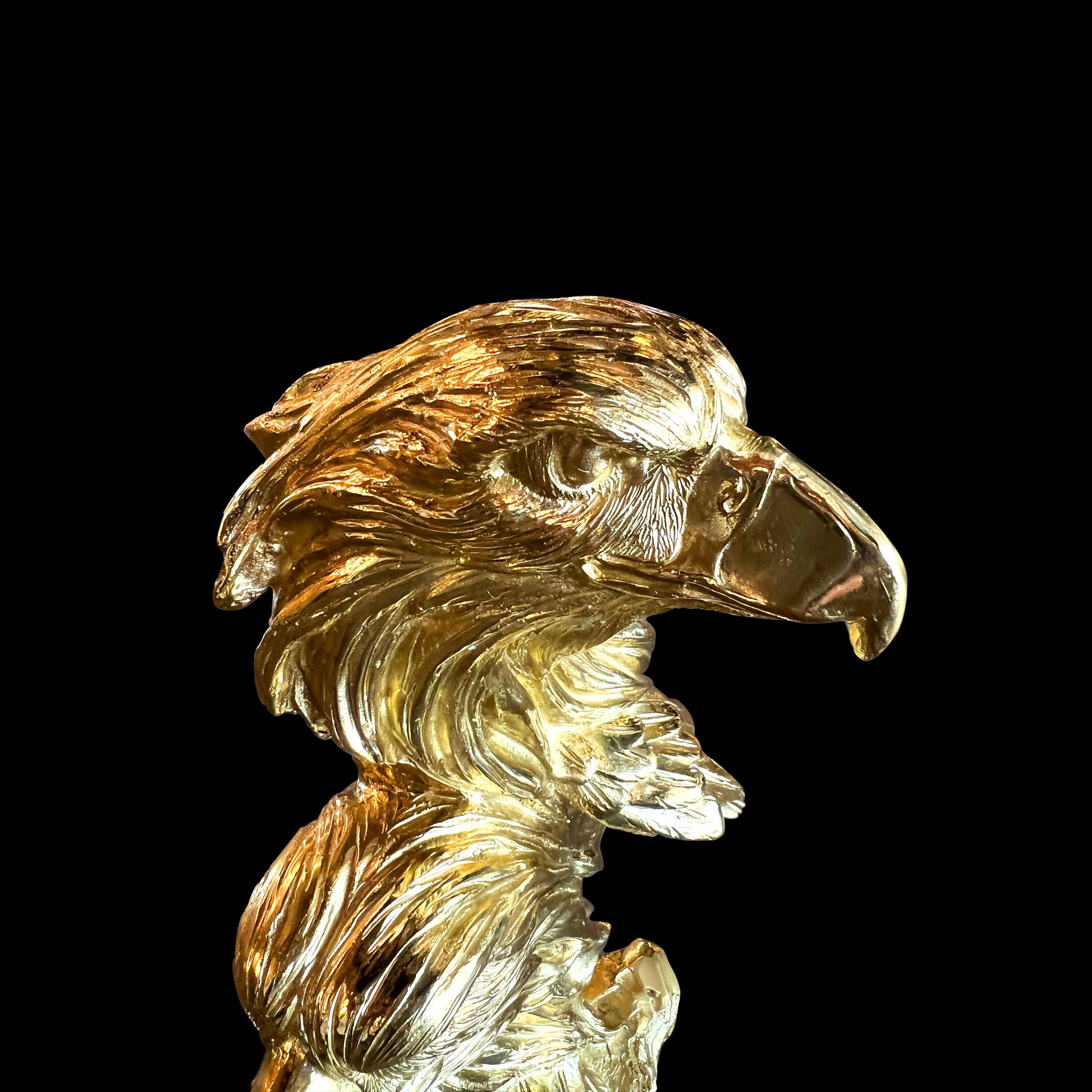  Detailed view of the majestic eagle head and expert craftsmanship on a handmade Italian brass sculpture.