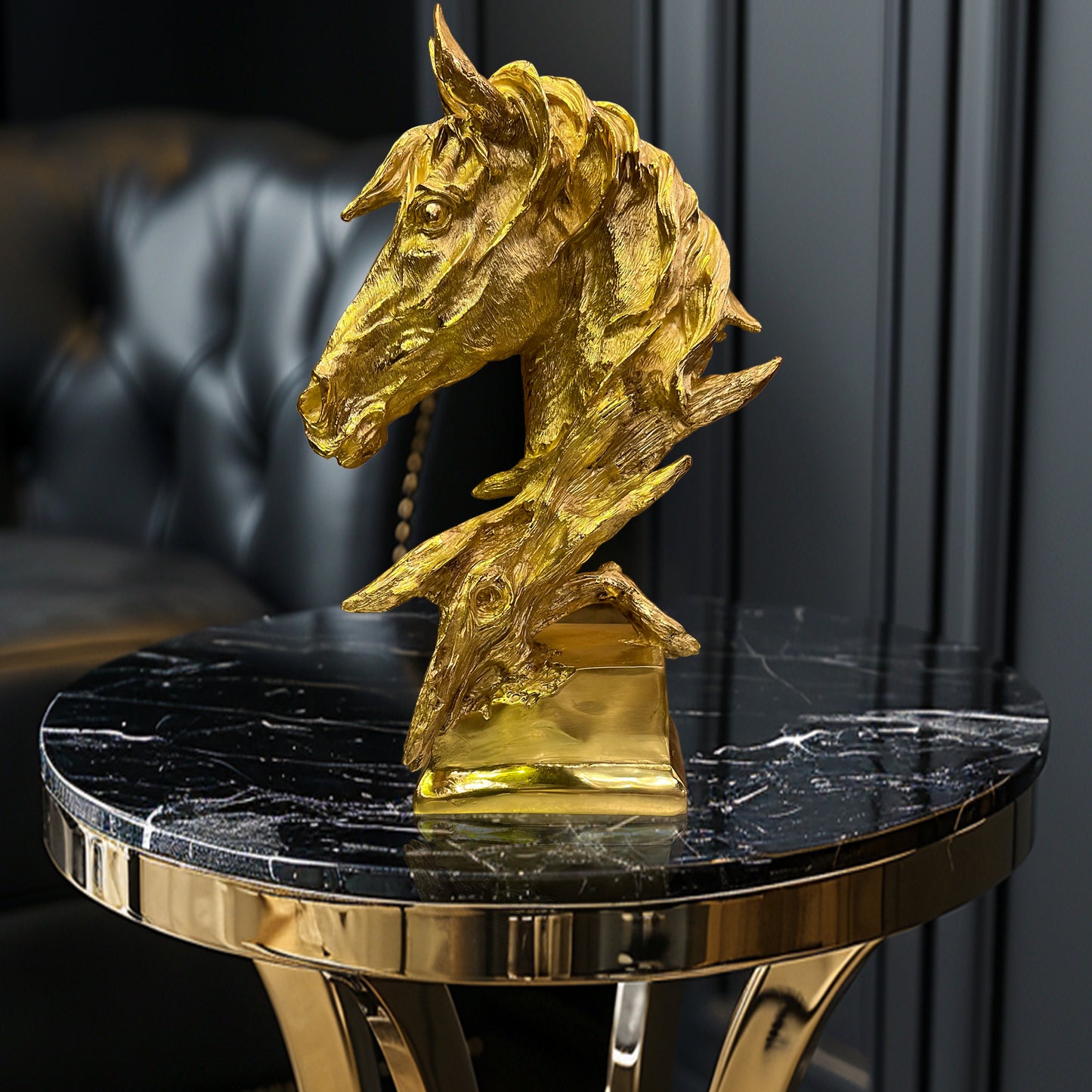 Detailed view of the lifelike mane and craftsmanship on a handmade Italian brass horse head.