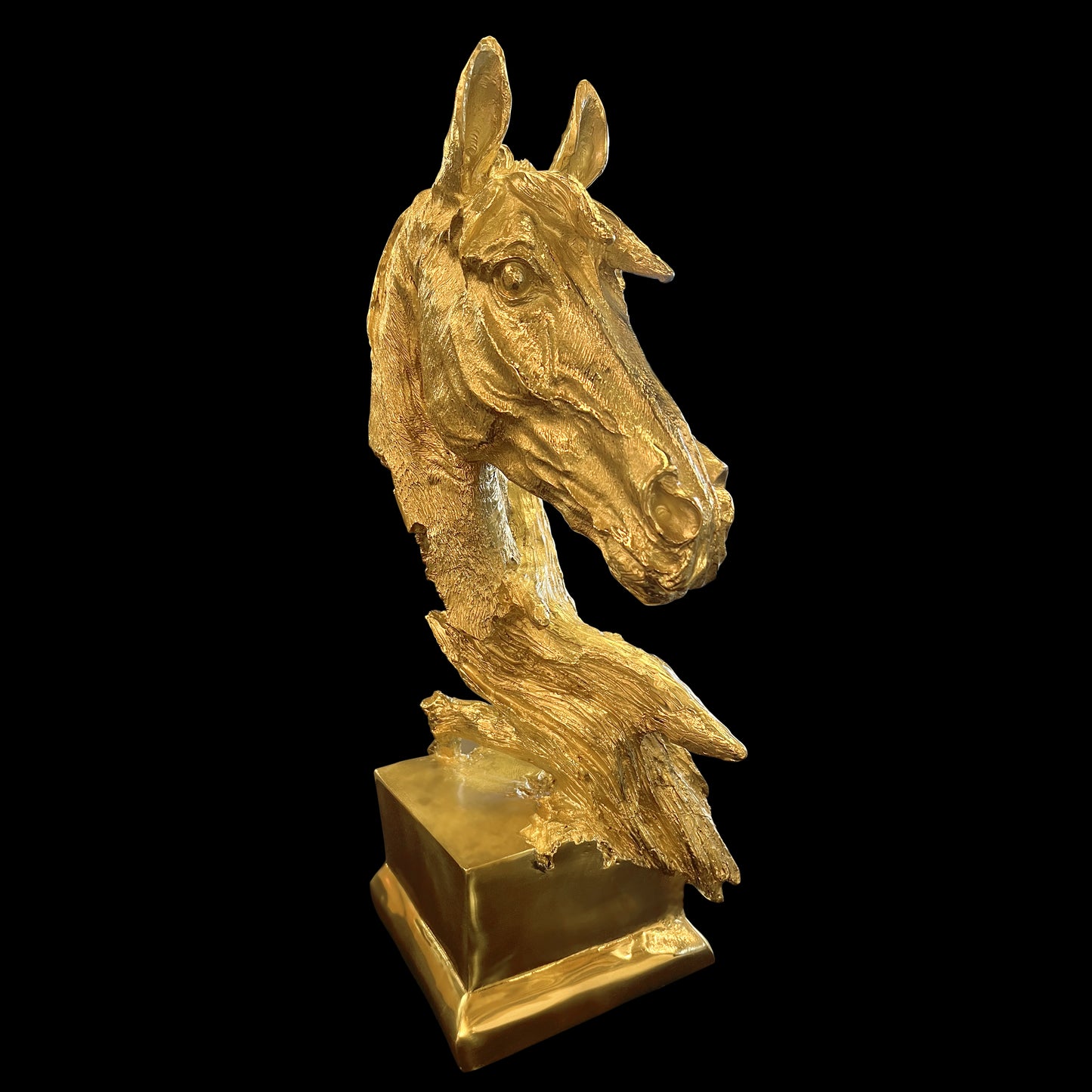 Detailed view of the lifelike mane and expert craftsmanship on a 100% handmade Italian brass horse head.