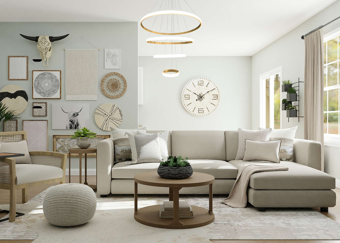 A modern LED ring chandelier with a gold finish, displayed in a living room setting, showing four tiers of lighting.
