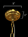 Detailed view of gold canopy and crystal arrangement of chandelier.