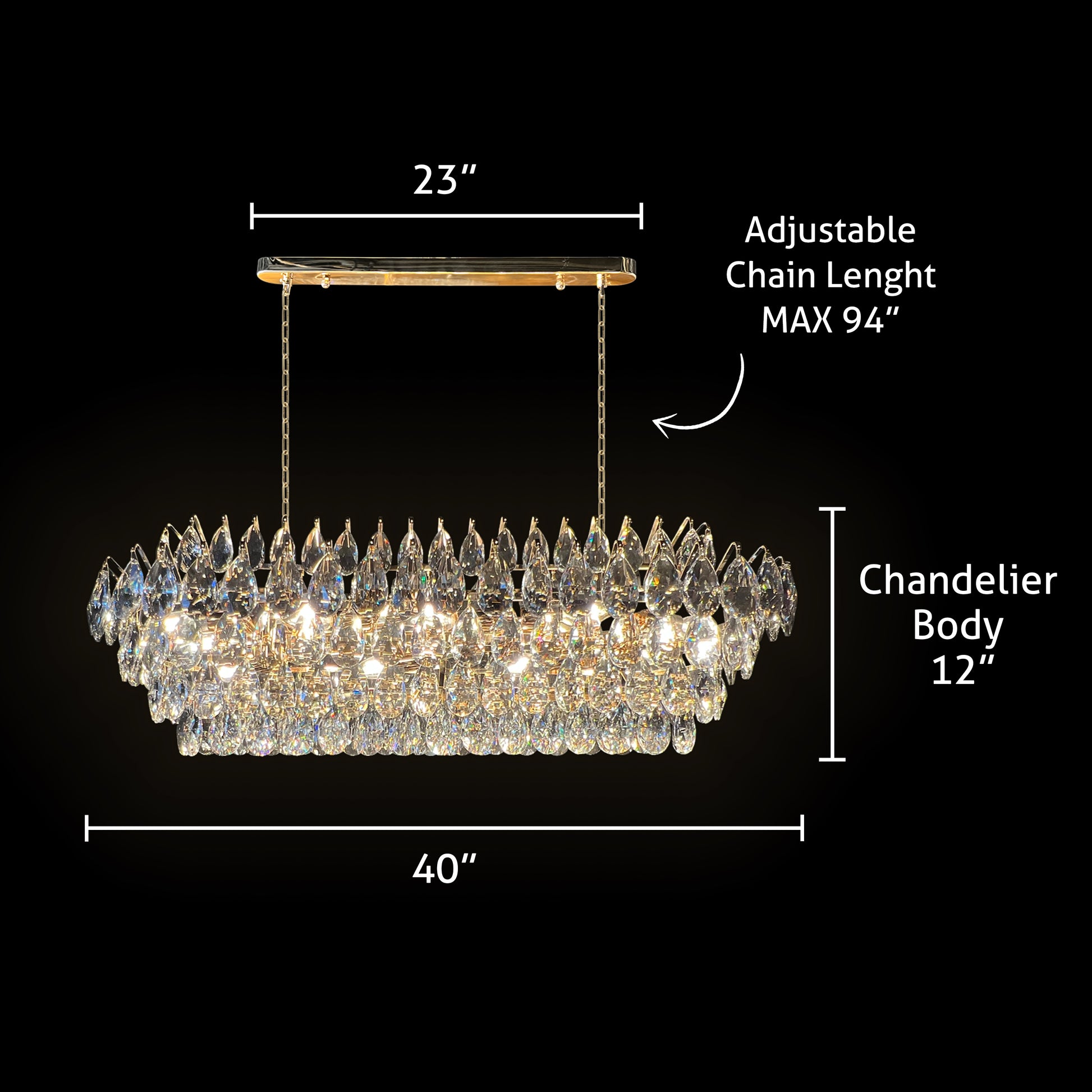 Dimensions diagram of the champagne gold rectangular crystal chandelier, showing 40-inch width, 12-inch height, and adjustable chain up to 94 inches.