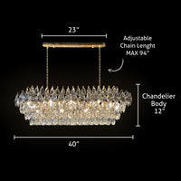 Dimensions diagram of the champagne gold rectangular crystal chandelier, showing 40-inch width, 12-inch height, and adjustable chain up to 94 inches.