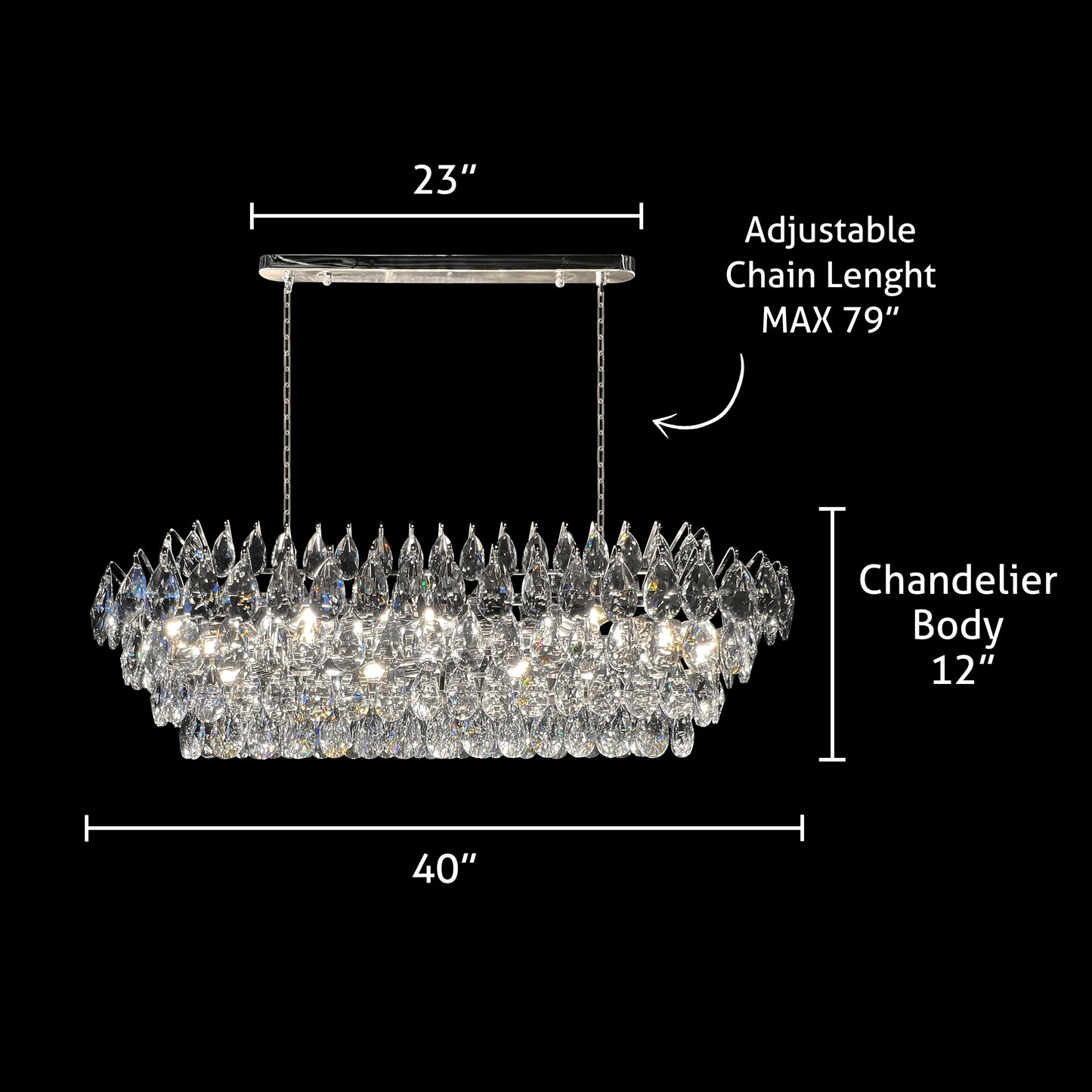 Dimension diagram showing measurements and adjustable chain height for the 14 light rectangular chandelier.
