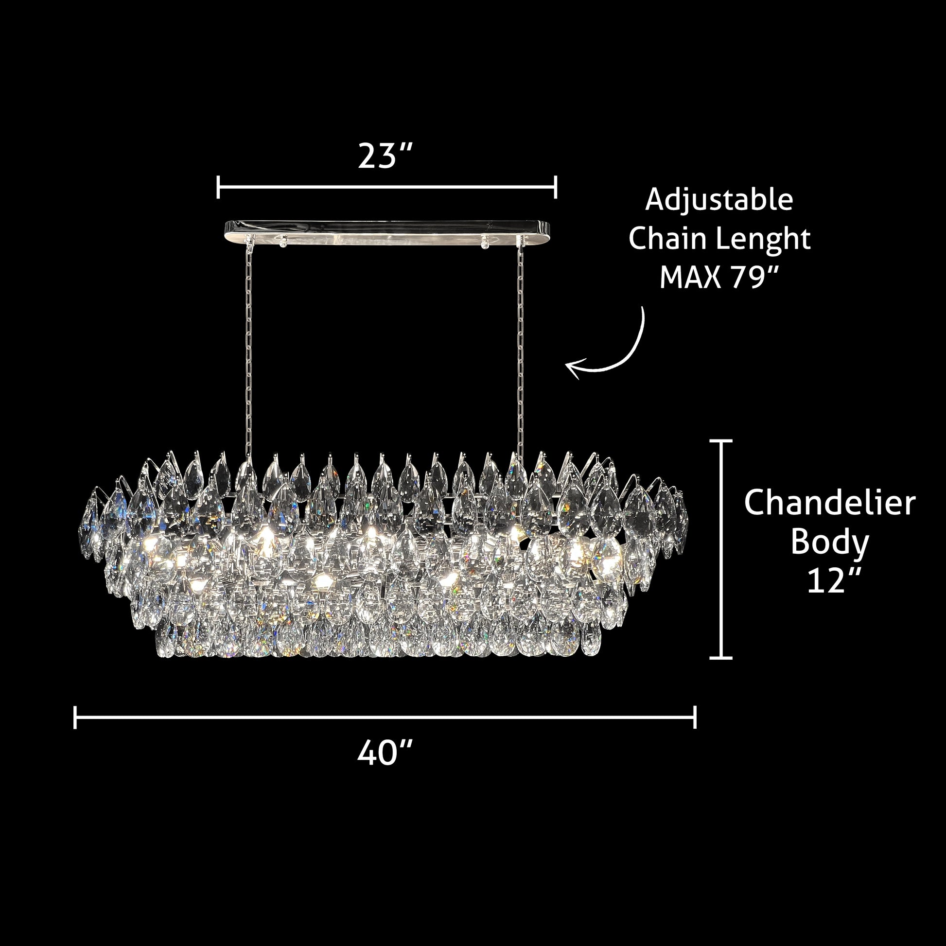 Dimension diagram showing measurements and adjustable chain height for the 14 light rectangular chandelier.
