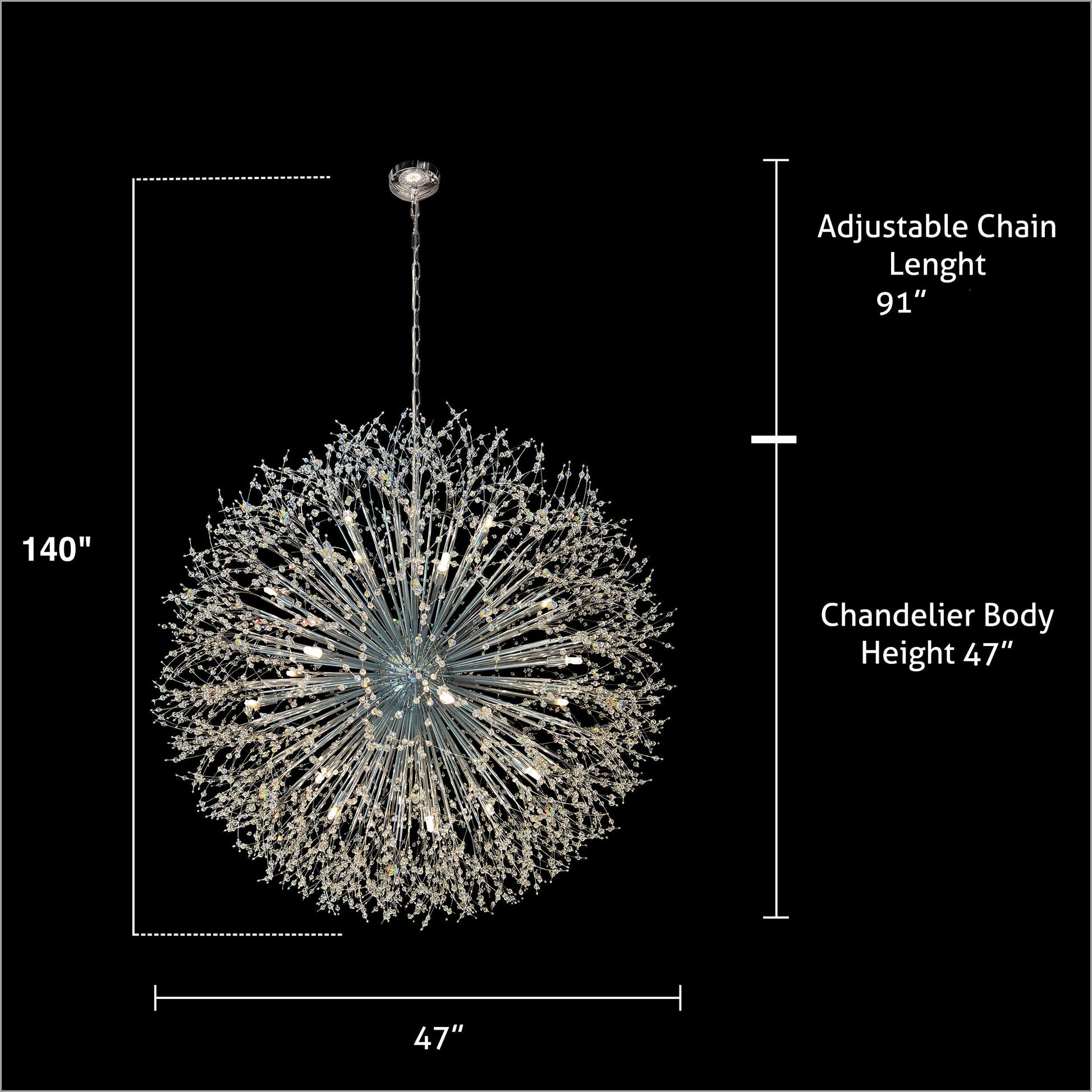 47 inch chrome starburst chandelier dimensions and measurements