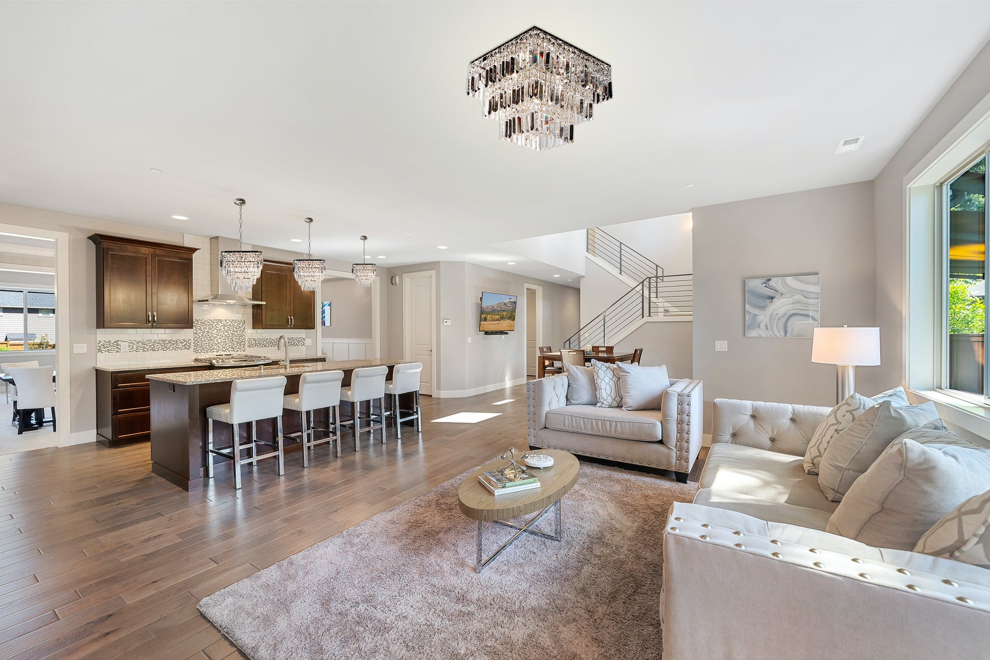 chrome 3 tier crystal chandelier 16 inch in modern open space  living room interior