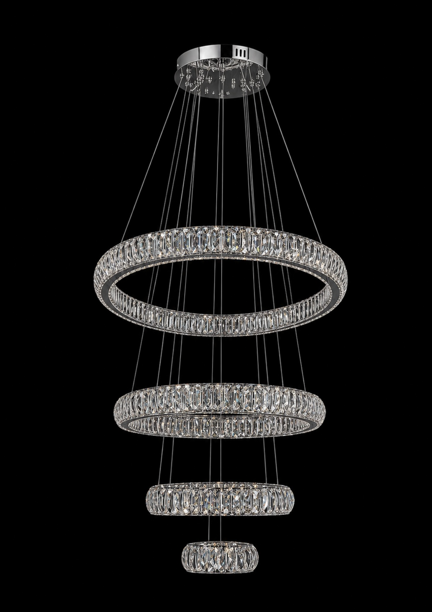 Chrome 4 Ring Crystal LED Chandelier for Staircase Foyer Entryway and High Ceilings with Adjustable Cables