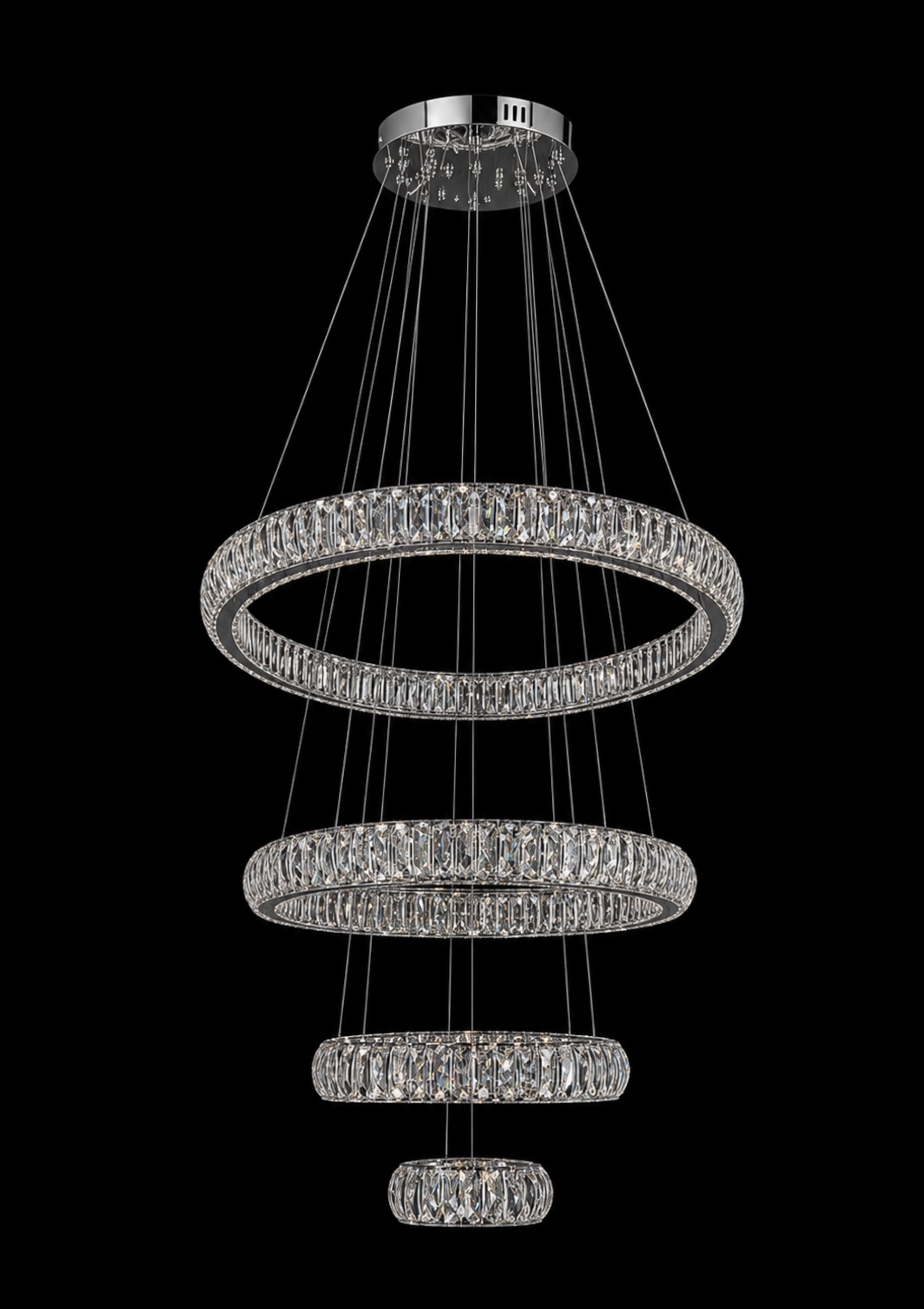 Chrome 4 Ring Crystal LED Chandelier for Staircase Foyer Entryway and High Ceilings with Adjustable Cables
