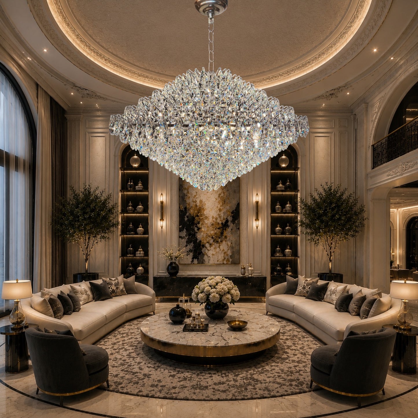 Grand luxury living room featuring a large diamond-shaped crystal chandelier hanging above curved white sofas, a round marble coffee table, and elegant dark accent chairs.