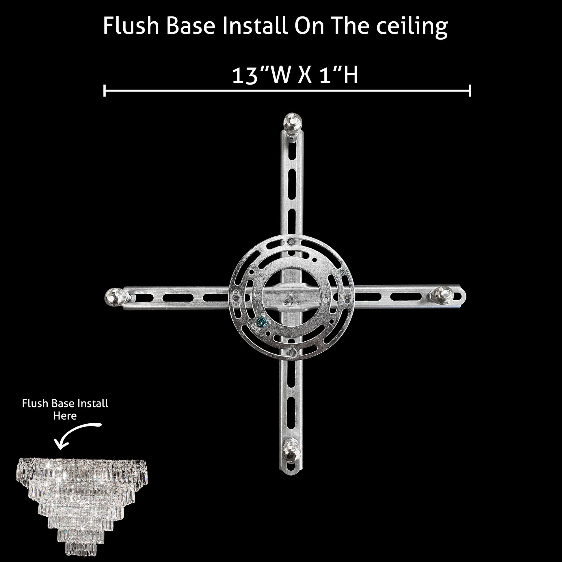 Flush mount base design for chrome crystal chandelier with measurements
