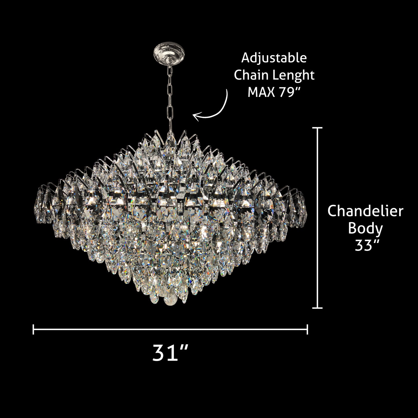 31 inch chrome crystal chandelier with teardrop crystals showing product dimension and adjustable chain length 