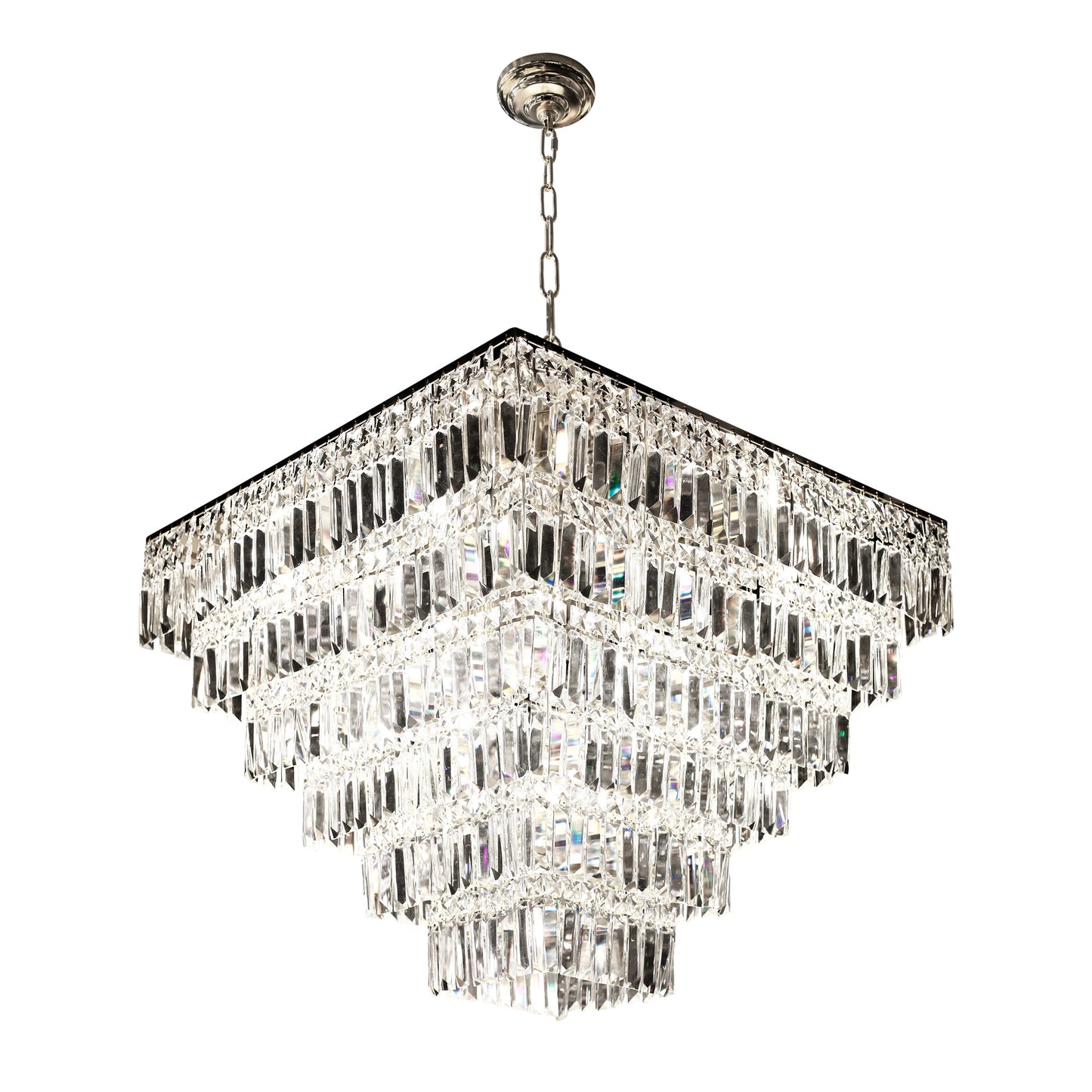 Elegant tiered chrome crystal chandelier in luxury interior setting